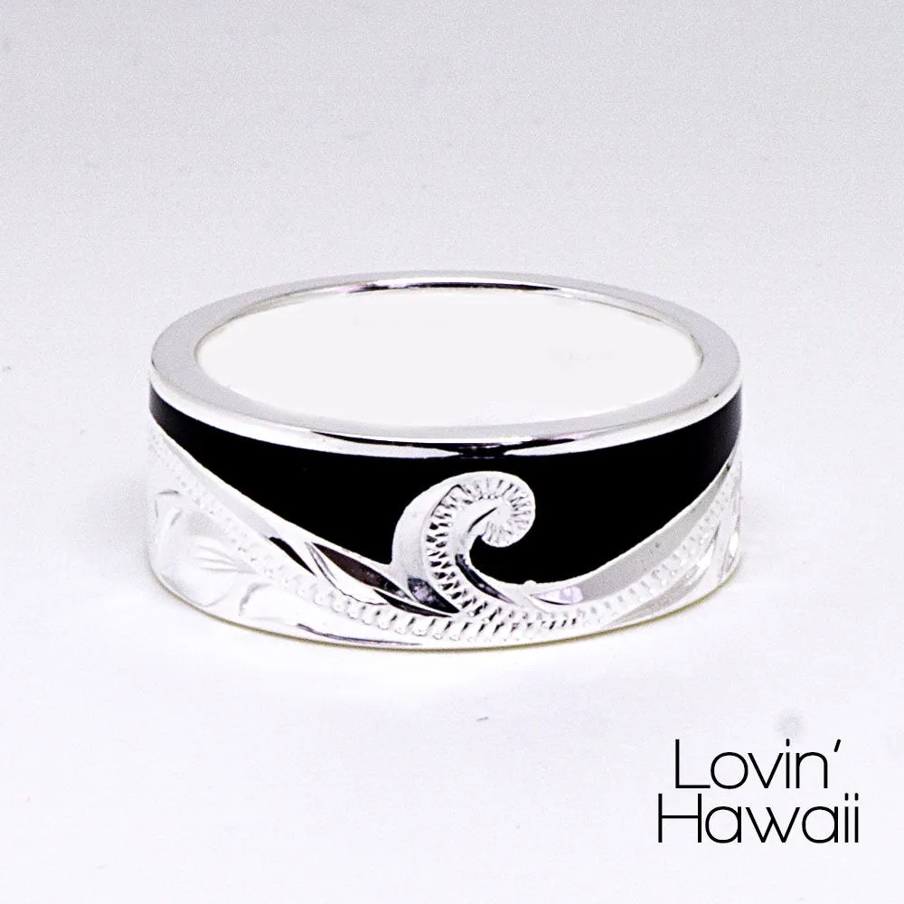 Sterling Silver Handmade Ocean Wave Ring with Black Enamel, ( 8MM Width, Flat Style)