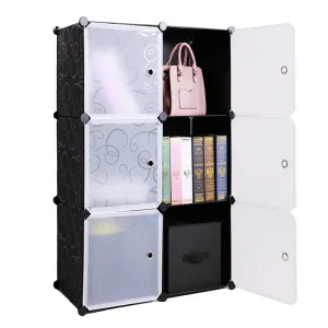 Storage Cube Organizer Plastic 6-Cube DIY Modular Storage Cabinet Portable 3-Tier Bookcase Shelf Closet, Black with Wood Hammer