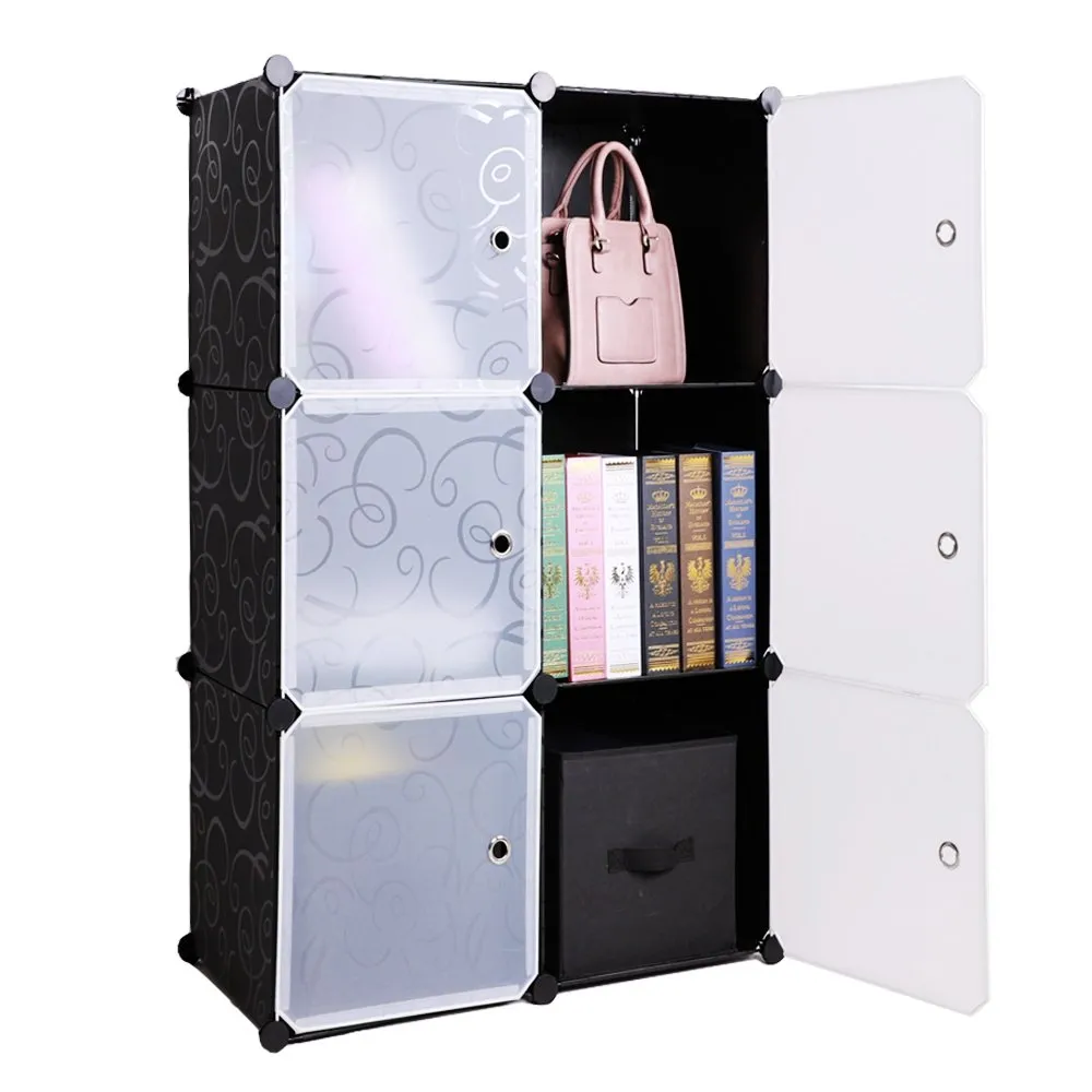 Storage Cube Organizer Plastic 6-Cube DIY Modular Storage Cabinet Portable 3-Tier Bookcase Shelf Closet, Black with Wood Hammer