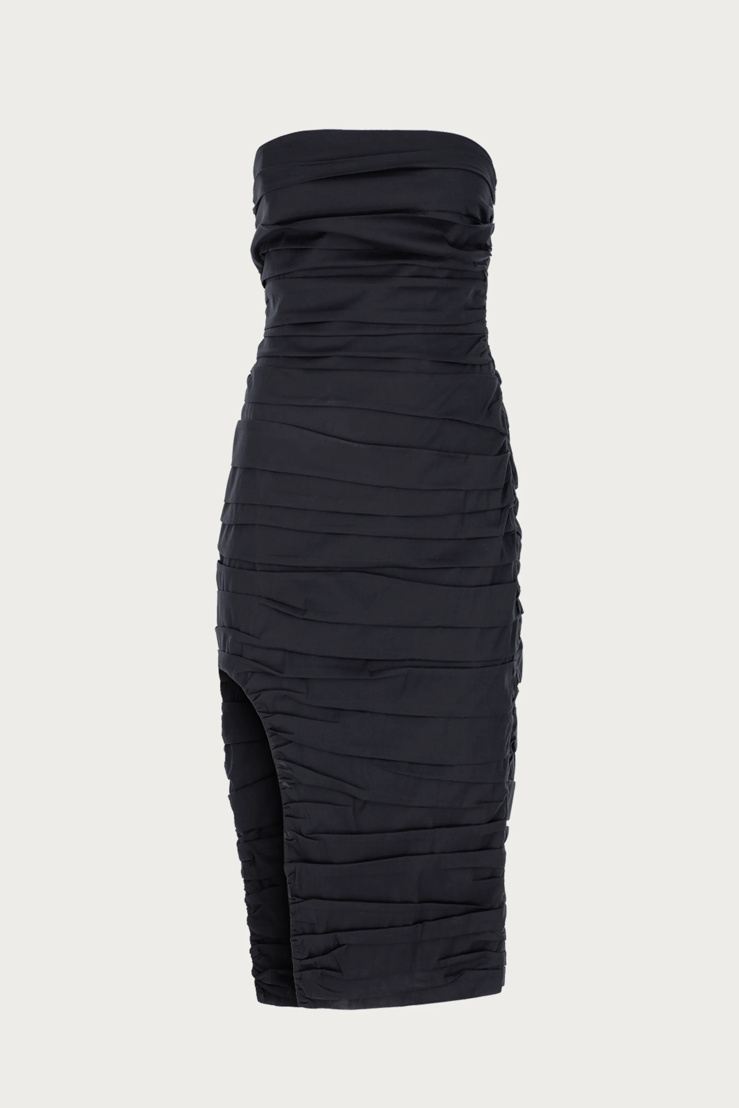 STRAPLESS RUCHED MIDI DRESS