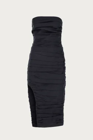 STRAPLESS RUCHED MIDI DRESS