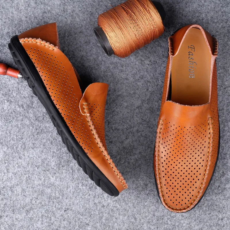 Summer Hollow Genuine Leather Shoes Men Comfortable Mesh Loafers