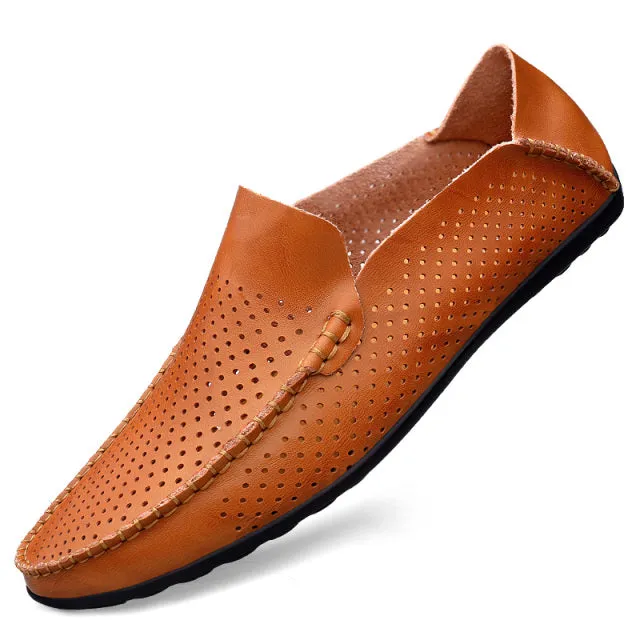 Summer Hollow Genuine Leather Shoes Men Comfortable Mesh Loafers