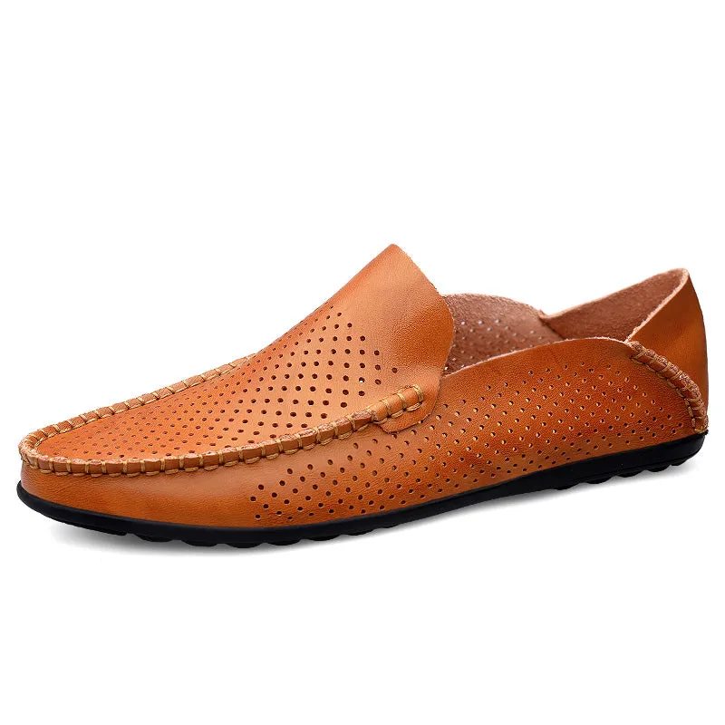 Summer Hollow Genuine Leather Shoes Men Comfortable Mesh Loafers