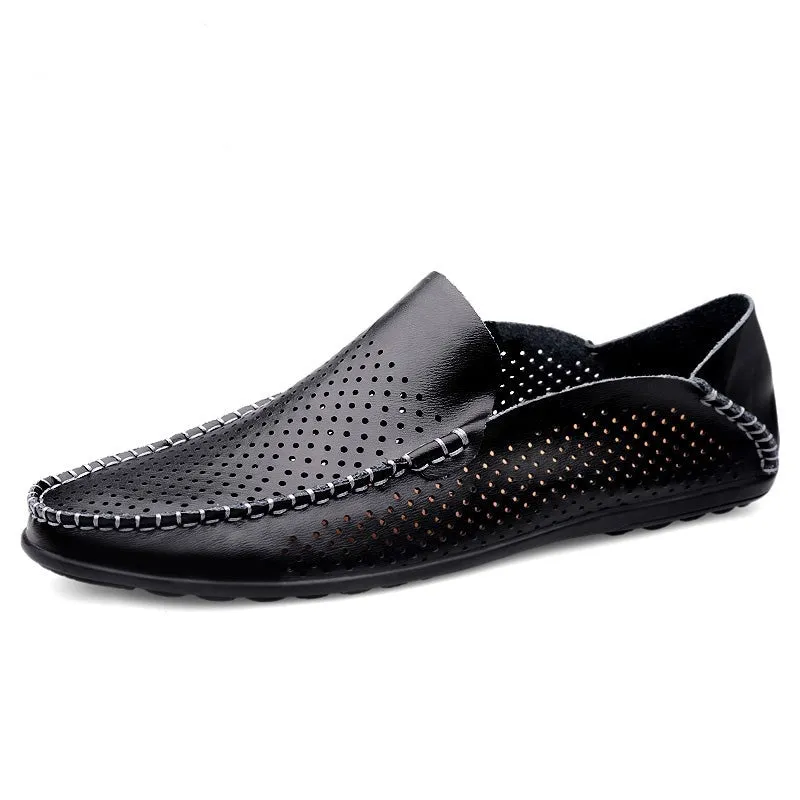 Summer Hollow Genuine Leather Shoes Men Comfortable Mesh Loafers