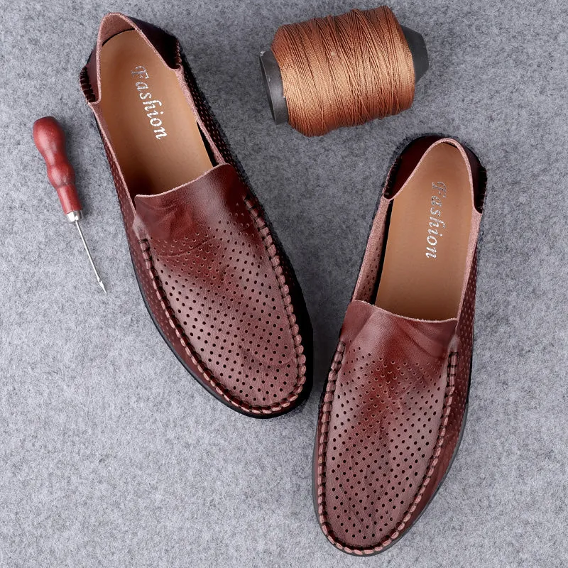 Summer Hollow Genuine Leather Shoes Men Comfortable Mesh Loafers