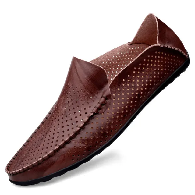Summer Hollow Genuine Leather Shoes Men Comfortable Mesh Loafers