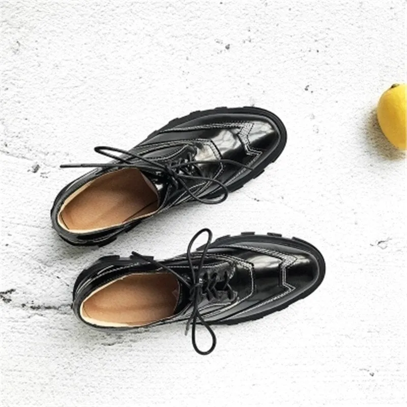 Tenis Feminino Black Leather Patckwork Low Top Women Casual Shoes Lace Up Shallow Platform Zapatos De Mujer Shoes