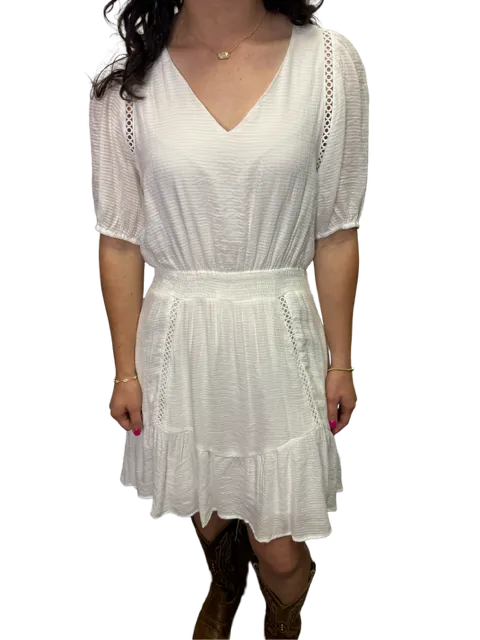Trim Cinch Waist Dress White