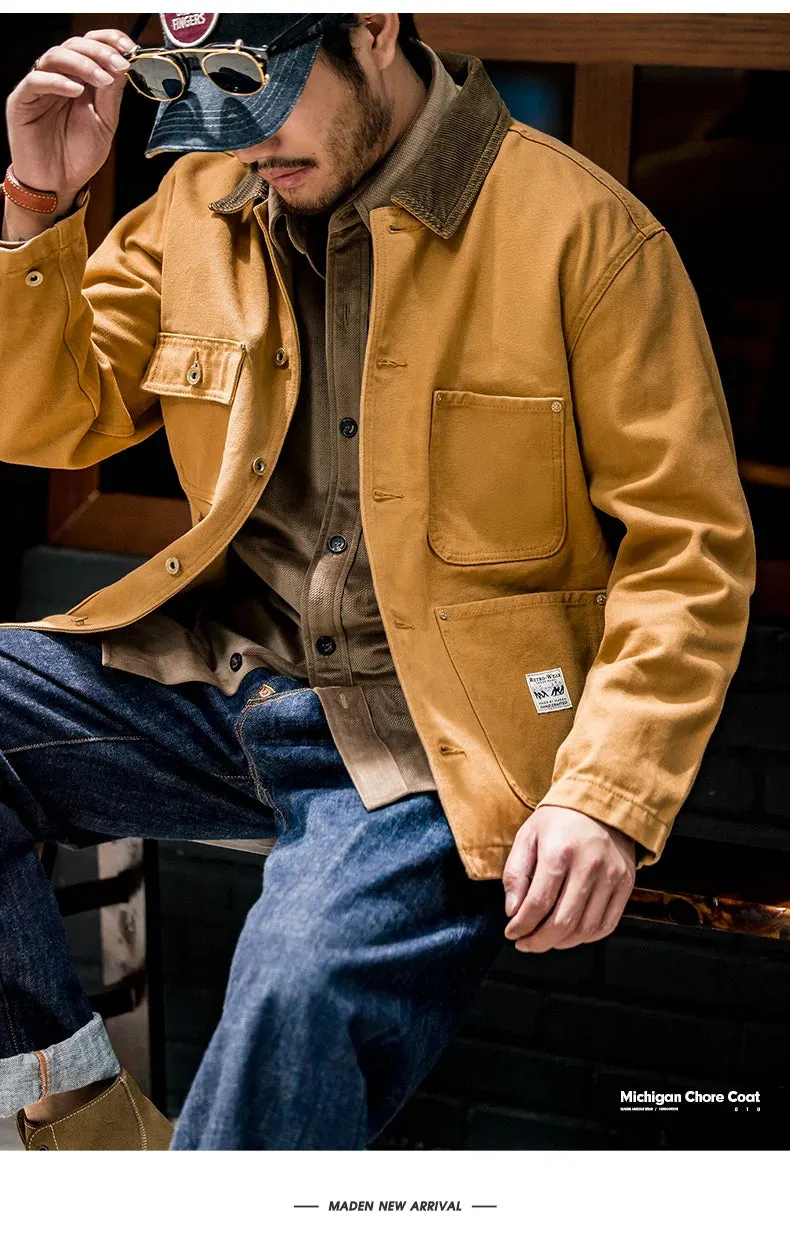 Vintage Heavyweight Michigan Chore Jacket – Men’s Multi-Pocket Canvas Hunting Coat, Loose Fit Autumn Outerwear C38