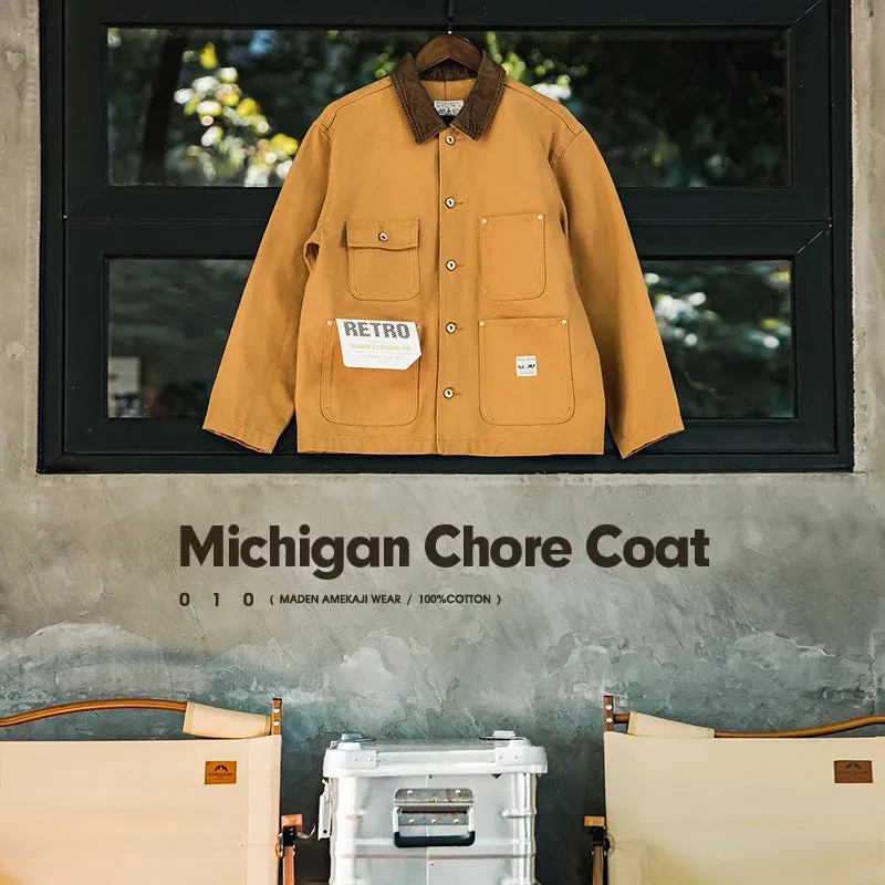 Vintage Heavyweight Michigan Chore Jacket – Men’s Multi-Pocket Canvas Hunting Coat, Loose Fit Autumn Outerwear C38