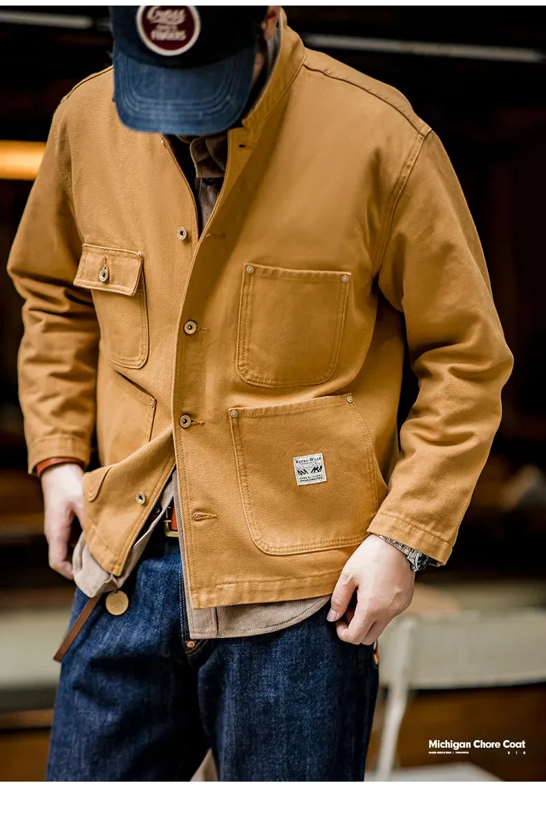 Vintage Heavyweight Michigan Chore Jacket – Men’s Multi-Pocket Canvas Hunting Coat, Loose Fit Autumn Outerwear C38