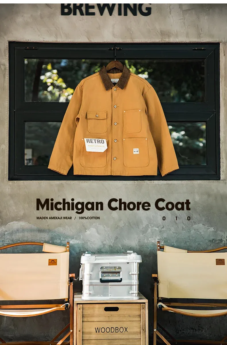 Vintage Heavyweight Michigan Chore Jacket – Men’s Multi-Pocket Canvas Hunting Coat, Loose Fit Autumn Outerwear C38