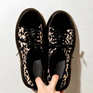 vintage leopard natural leather round toe thick bottom platform sneakers lace up large size vulcanized shoes