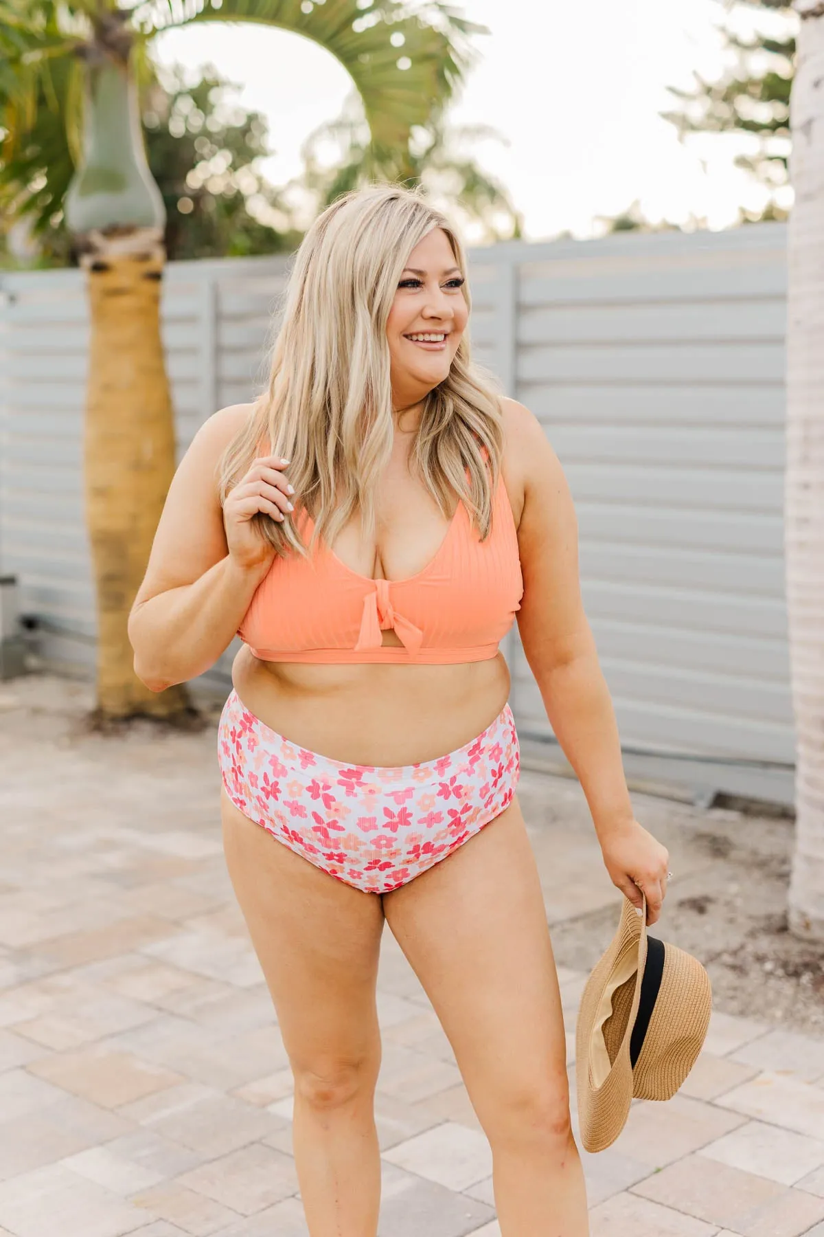Walk Along The Beach Ribbed Swim Top- Sherbert