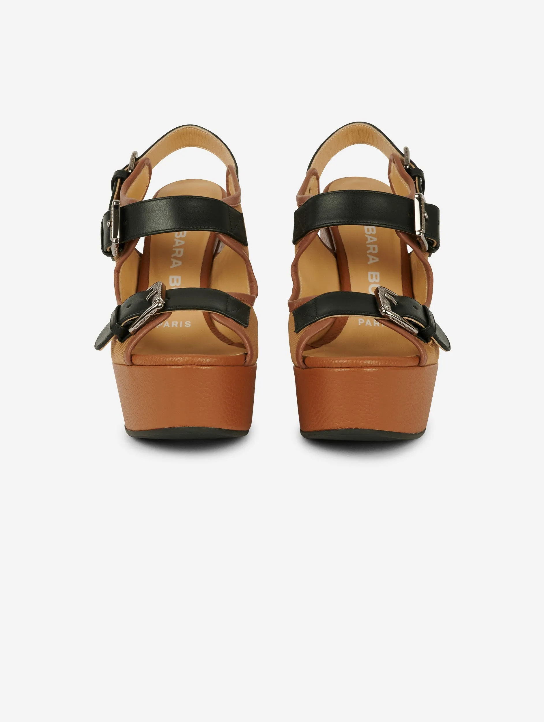 Wedge sandals in leather and camel fabric