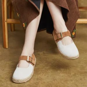 Women Casual Handmade Genuine Leather Buckle Soft Sole Flats