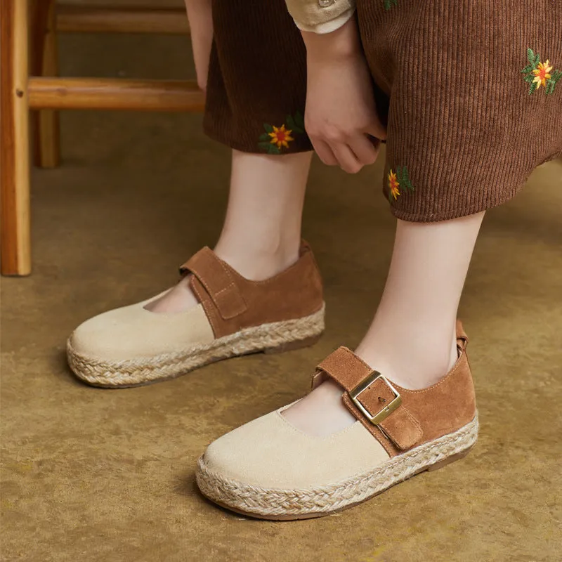 Women Casual Handmade Genuine Leather Buckle Soft Sole Flats