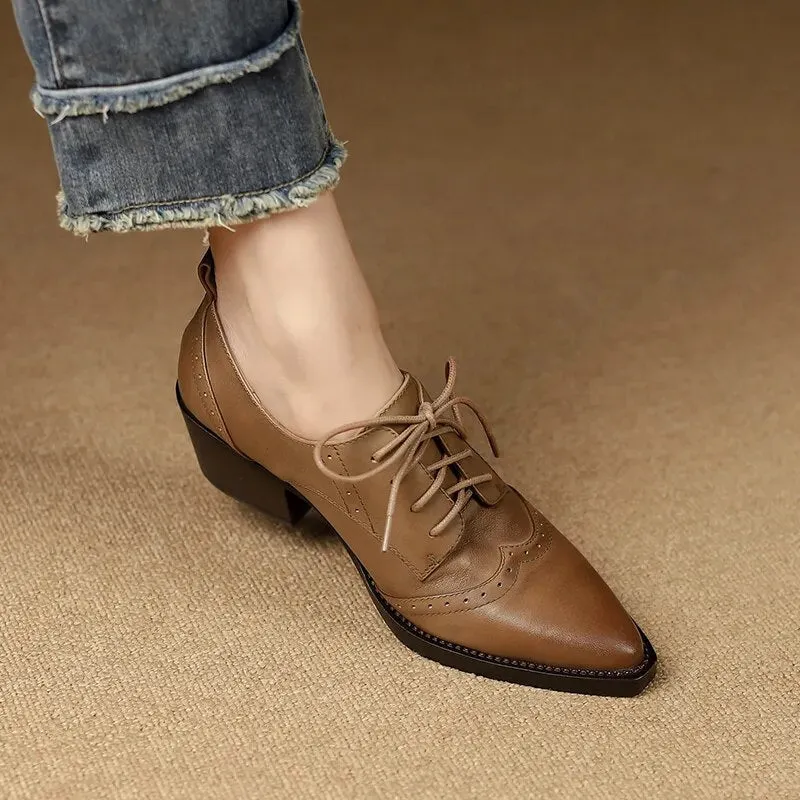 Women Pointed Toe Lace-Up Loafers British Style Pumps