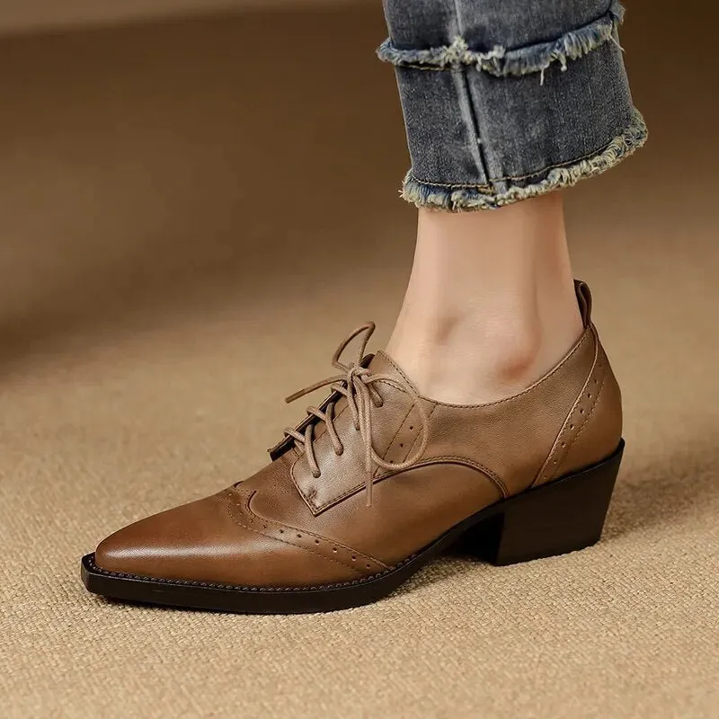 Women Pointed Toe Lace-Up Loafers British Style Pumps