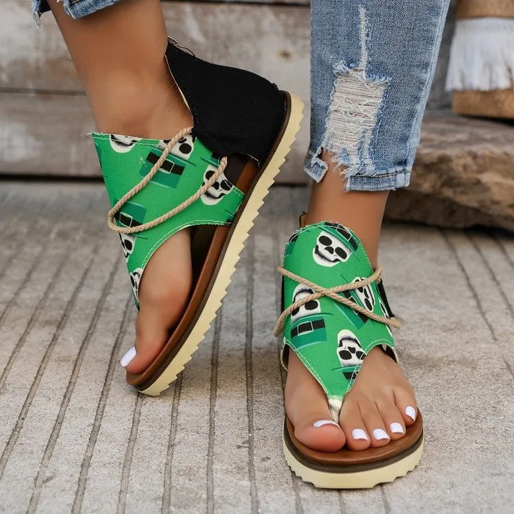 Women's Flip-Toe Flat Sandals with Back Zipper – Stylish Printed Summer Sandals for Casual Wear