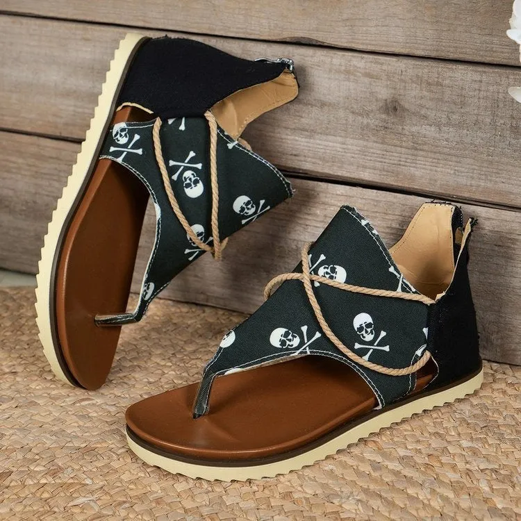Women's Flip-Toe Flat Sandals with Back Zipper – Stylish Printed Summer Sandals for Casual Wear